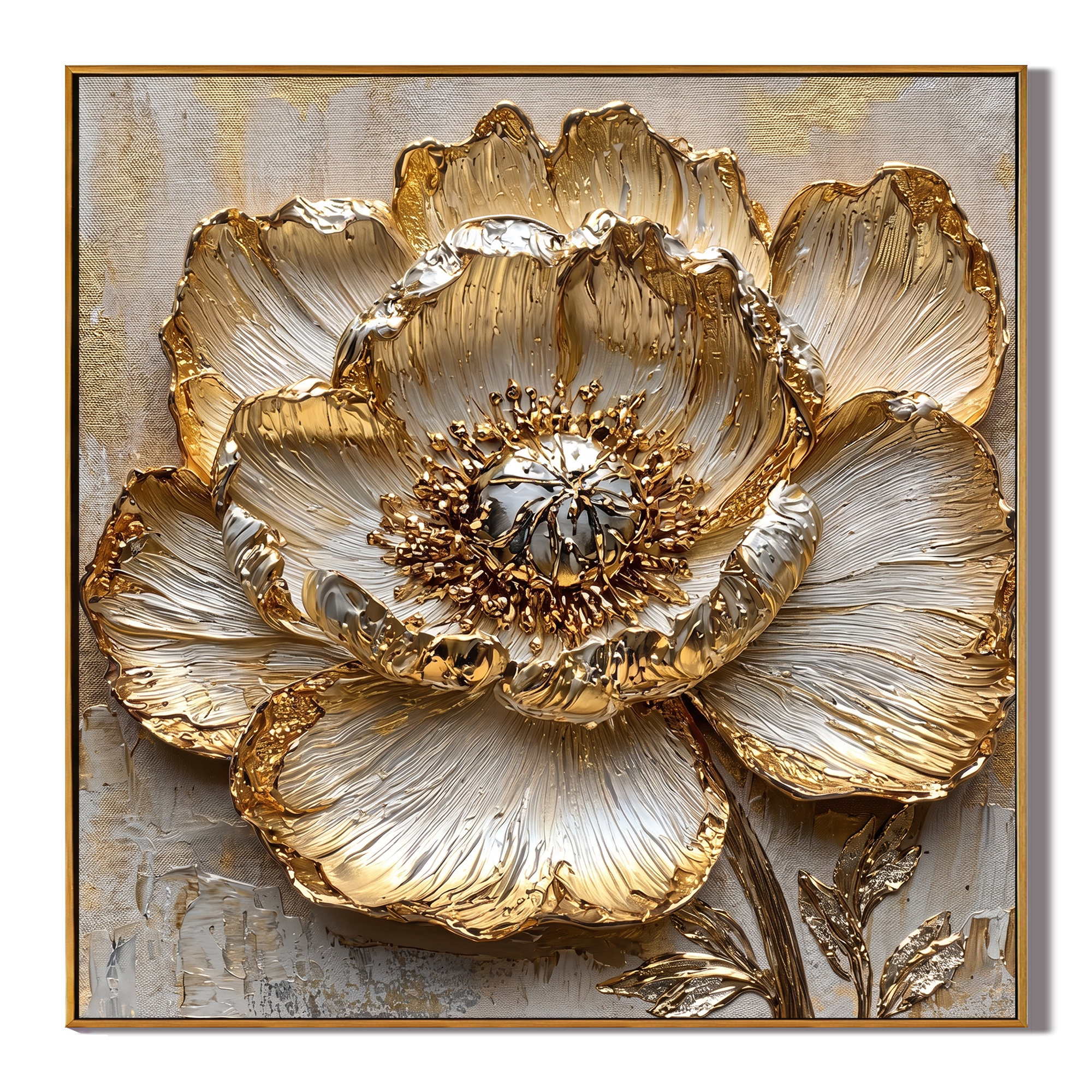 Gilded Bloom – Modern Luxury 3D Relief Oil Painting | Metallic Peony Flower Textured Bedroom Art