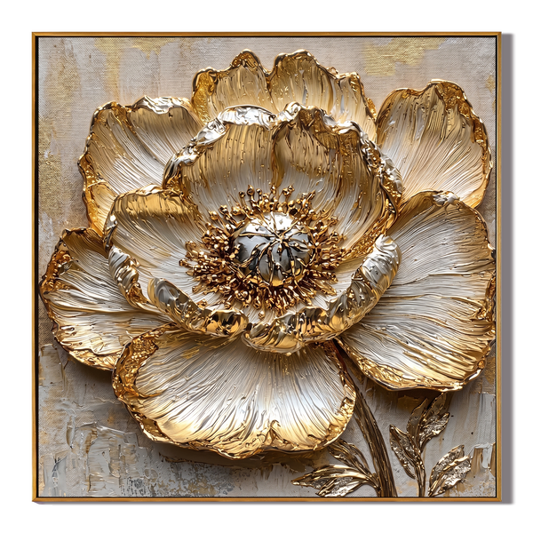 Gilded Bloom – Modern Luxury 3D Relief Oil Painting | Metallic Peony Flower Textured Bedroom Art
