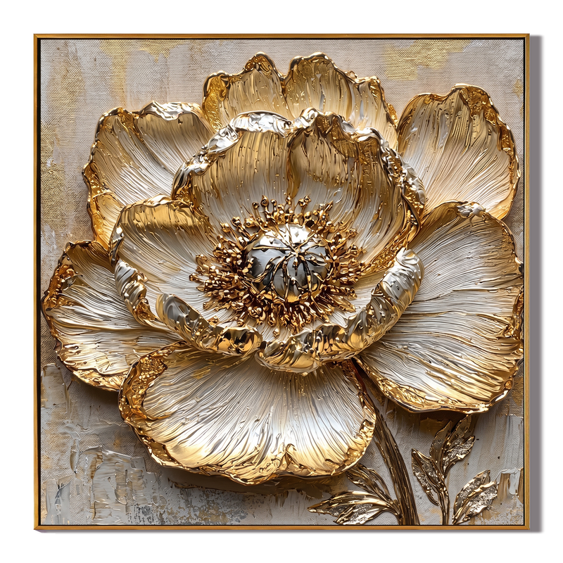 Gilded Bloom – Modern Luxury 3D Relief Oil Painting | Metallic Peony Flower Textured Bedroom Art