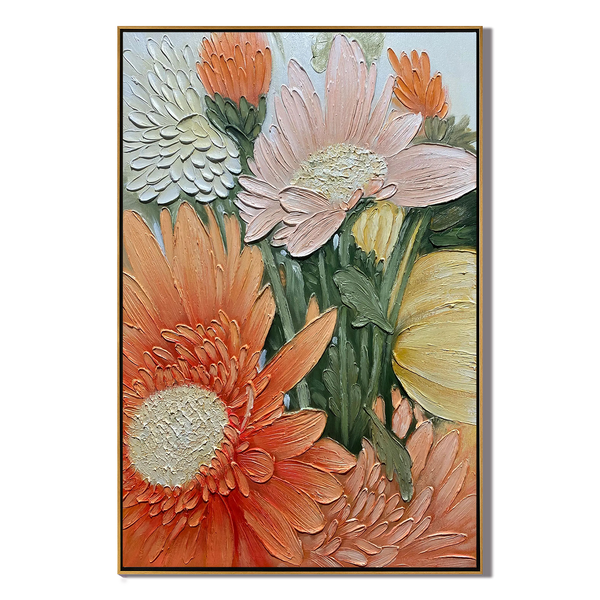 Bohemian Bloom – 3D Plaster Effect Textured Danish Pastel Maximalist Floral Painting | Contemporary Botanical Bedroom & Living Room Art