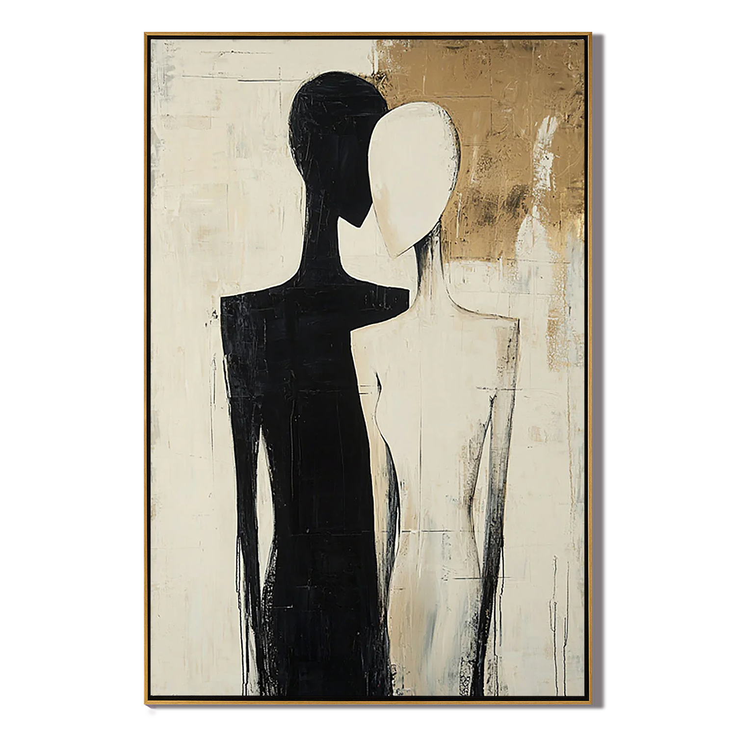 SILHOUETTE SOULS: People Portrait Art, Hand-Painted Black and Beige Abstract Couple Figure 3D Textured Gallery Art
