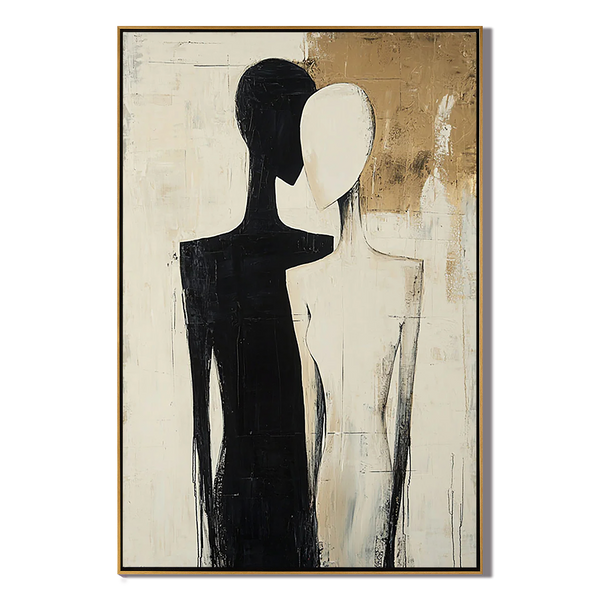 Silhouette Souls – Hand-Painted Black and Beige Abstract Couple Figure Portrait Painting | Contemporary Expressionist Living Room & Office Art