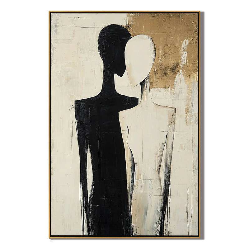 Silhouette Souls – Hand-Painted Black and Beige Abstract Couple Figure Portrait Painting | Contemporary Expressionist Living Room & Office Art