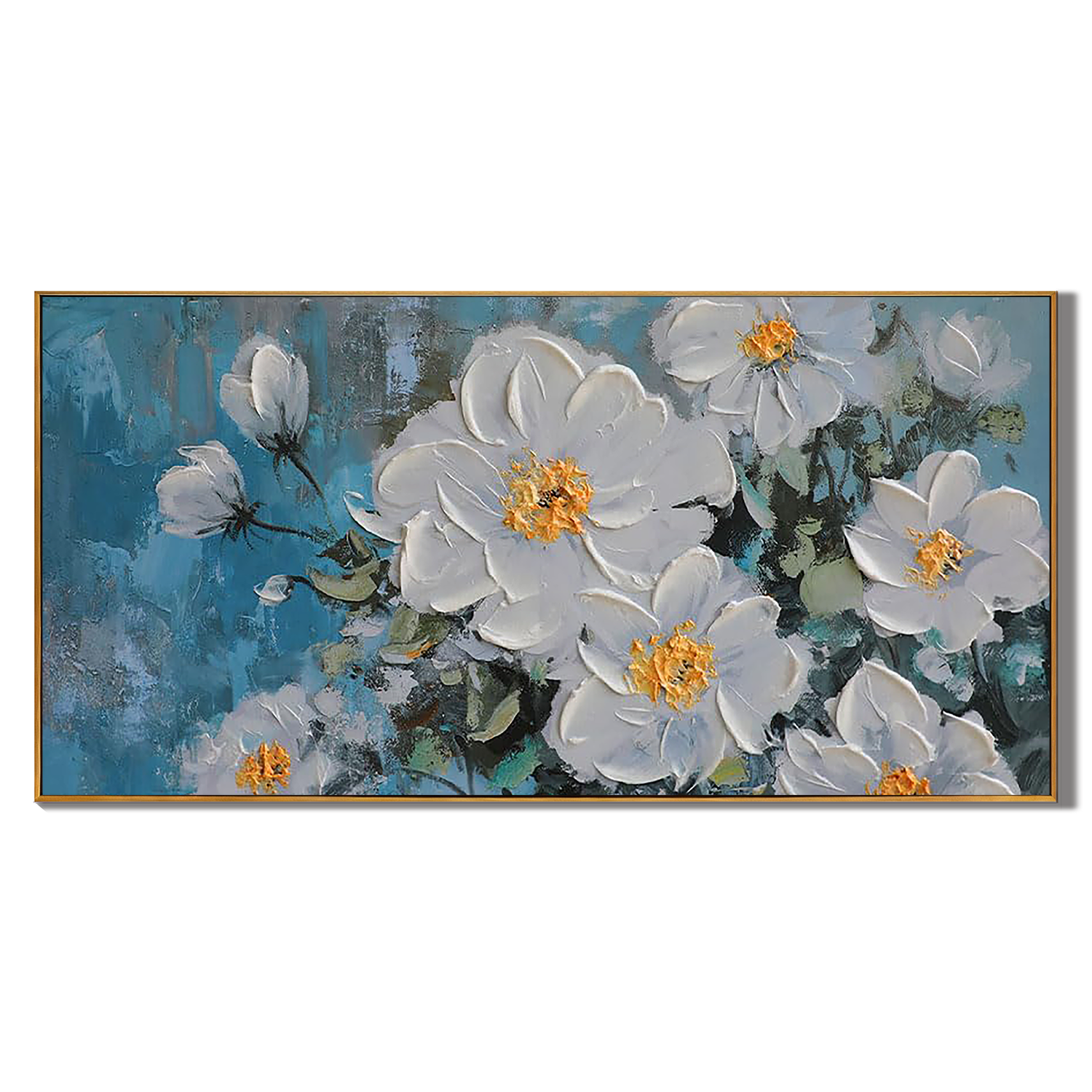 DEEP TEAL BLOOM: 3D Heavy Texture White Flower Wall Art, Luxury Blue Background Relief