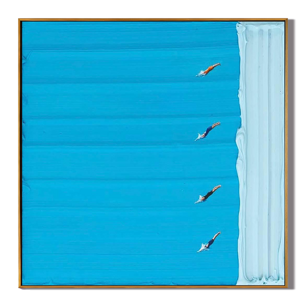 Azure Lane – Hand-Painted Minimalist Swimming Pool with Figures Sport Painting | Contemporary Expressionist Living Room & Office Art