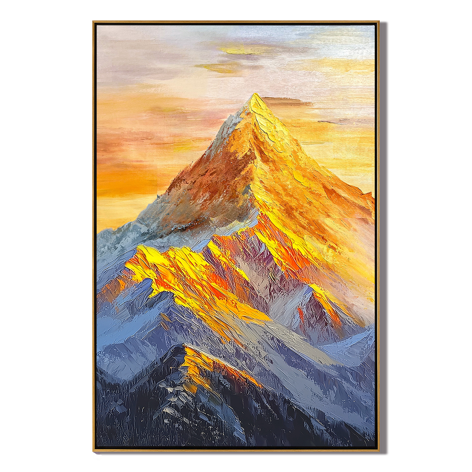 The Gilded Pinnacle – Contemporary Golden Hour Mountain Peak Painting | Vibrant Impasto Hallway Art