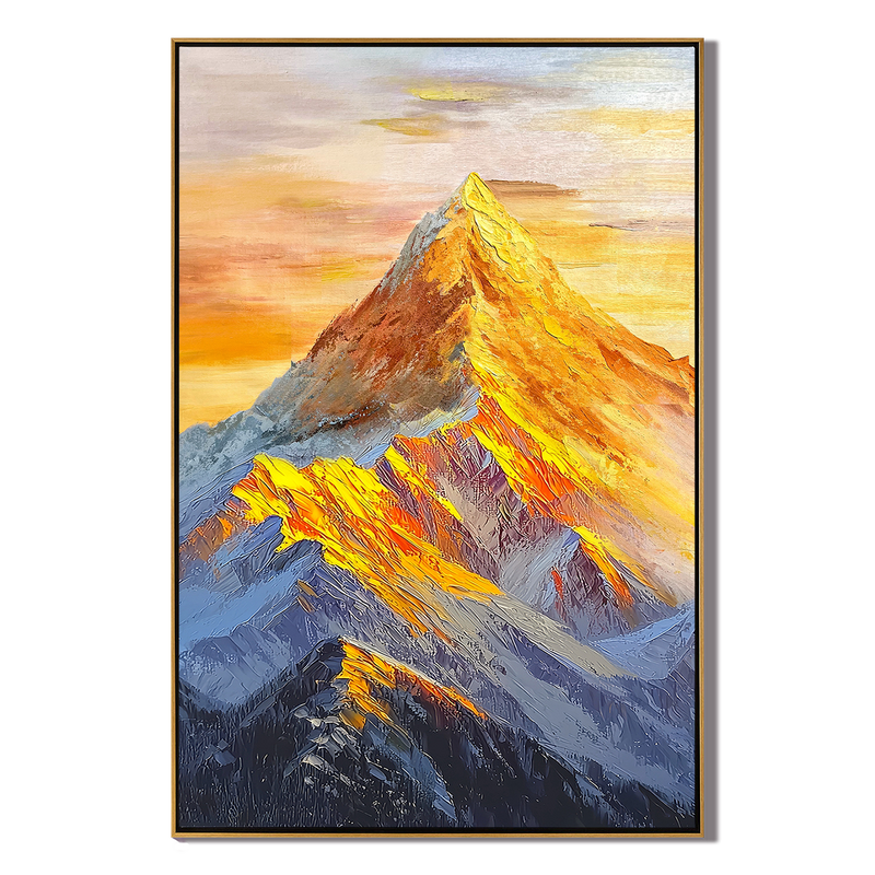 The Gilded Pinnacle – Contemporary Golden Hour Mountain Peak Painting | Vibrant Impasto Hallway Art