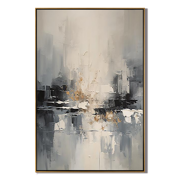 Urban Reflection – Hand-Painted Grey and Gold Foil Palette Knife Abstract Painting | Modern Abstract Living Room & Office Art