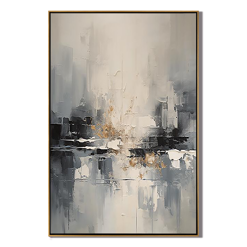 Urban Reflection – Hand-Painted Grey and Gold Foil Palette Knife Abstract Painting | Modern Abstract Living Room & Office Art