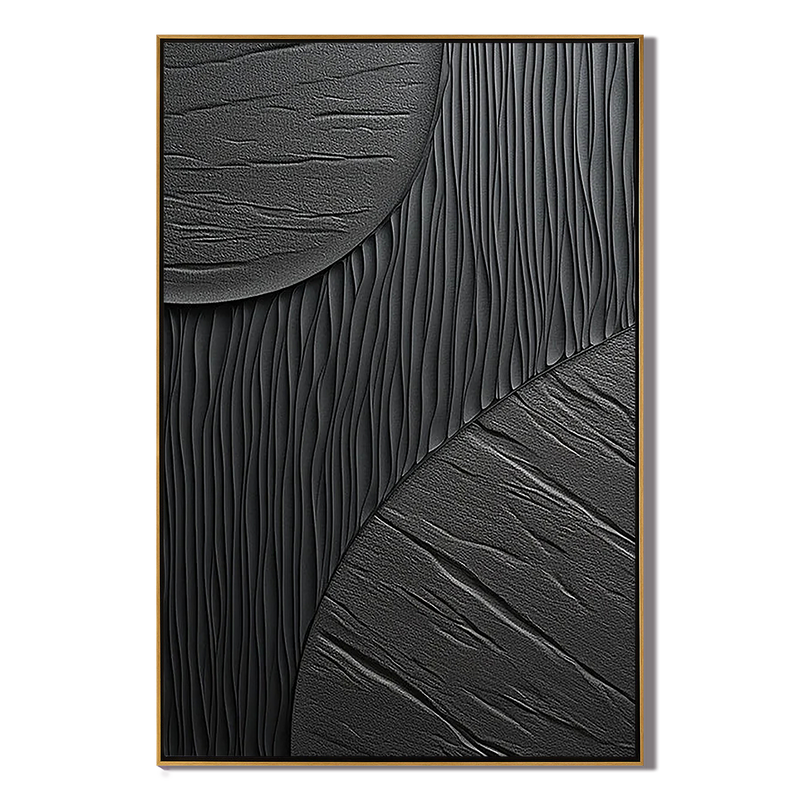 Shadow Texture – Hand-Painted All-Black Minimalist Mixed Plaster Relief Texture Painting | Bold Minimalist Bedroom & Home Office Art
