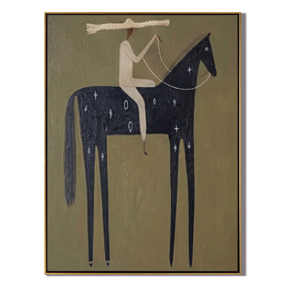 The Star Banner – Vintage Americana Rider with Staff on Night Horse Painting | Folk Art Hallway Art