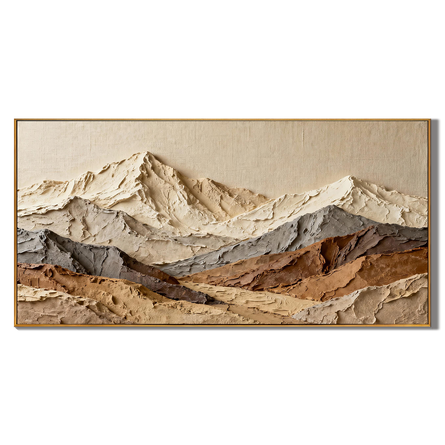 ALPINE SUMMIT: Mountains Valley Art, Hand-Painted Horizontal Oatmeal and Grey Mountain Range Plaster Relief 3D Textured Gallery Art