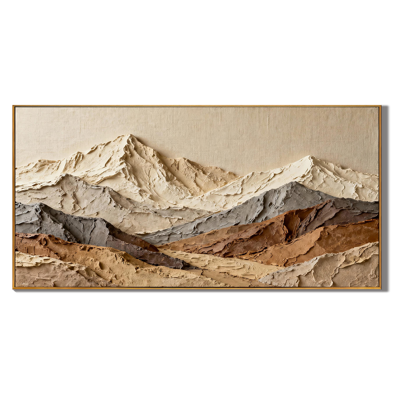 Alpine Summit – Hand-Painted Oatmeal and Grey Mountain Range Plaster Relief Mountain Painting | Contemporary Mountain Living Room & Home Office Art