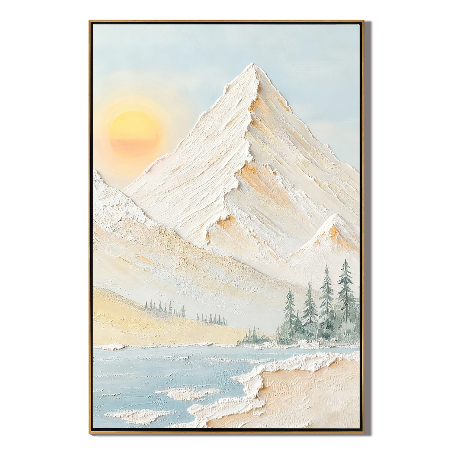 Pale Daylight – Scandinavian Minimalist Sun & Mountain Impasto Painting | Serene Textured Landscape Living Room Art