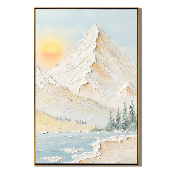 Pale Daylight – Scandinavian Minimalist Sun & Mountain Impasto Painting | Serene Textured Landscape Living Room Art
