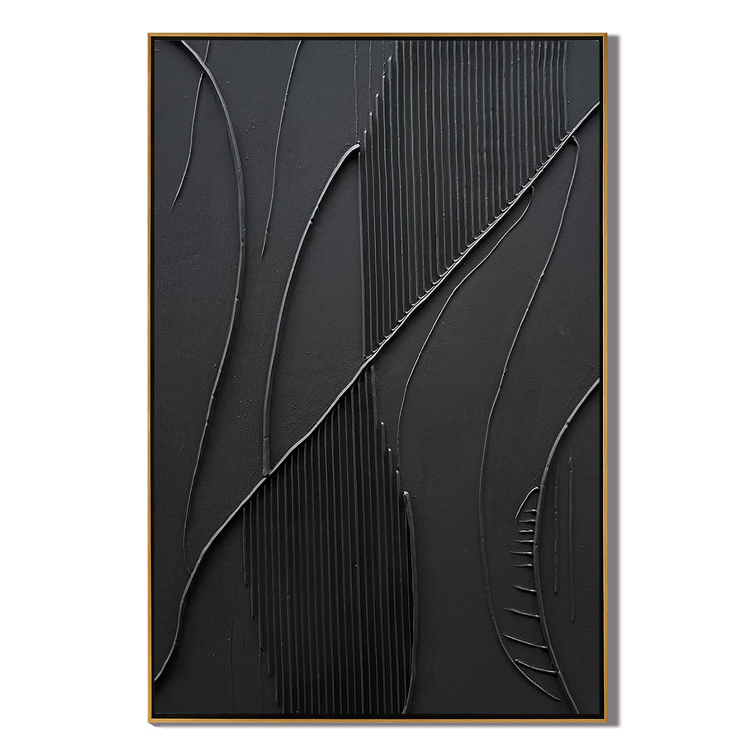 ONYX FLOW: Modern 3D Linear Black Wall Art, Minimalist Plaster Wave Relief