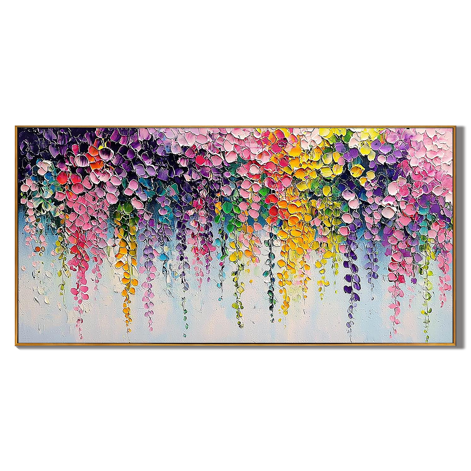 Neon Dreamscape – Modern Impasto Cascading Flower Oil Painting | Vibrant Floral Living Room Art