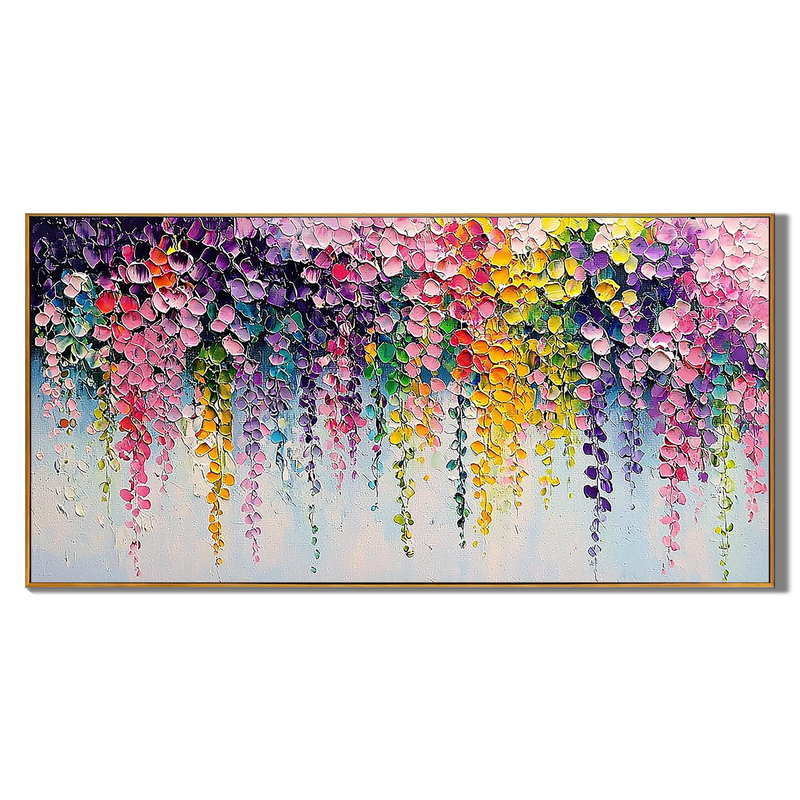 Neon Dreamscape – Modern Impasto Cascading Flower Oil Painting | Vibrant Floral Living Room Art
