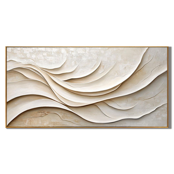 Silk Ripple – Hand-Painted Creamy White Fluid Plaster Relief Minimalist Painting | Modern Minimalist Bedroom & Home Office Art