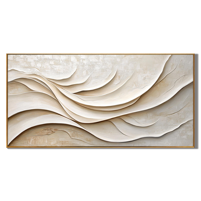 Silk Ripple – Hand-Painted Creamy White Fluid Plaster Relief Minimalist Painting | Modern Minimalist Bedroom & Home Office Art