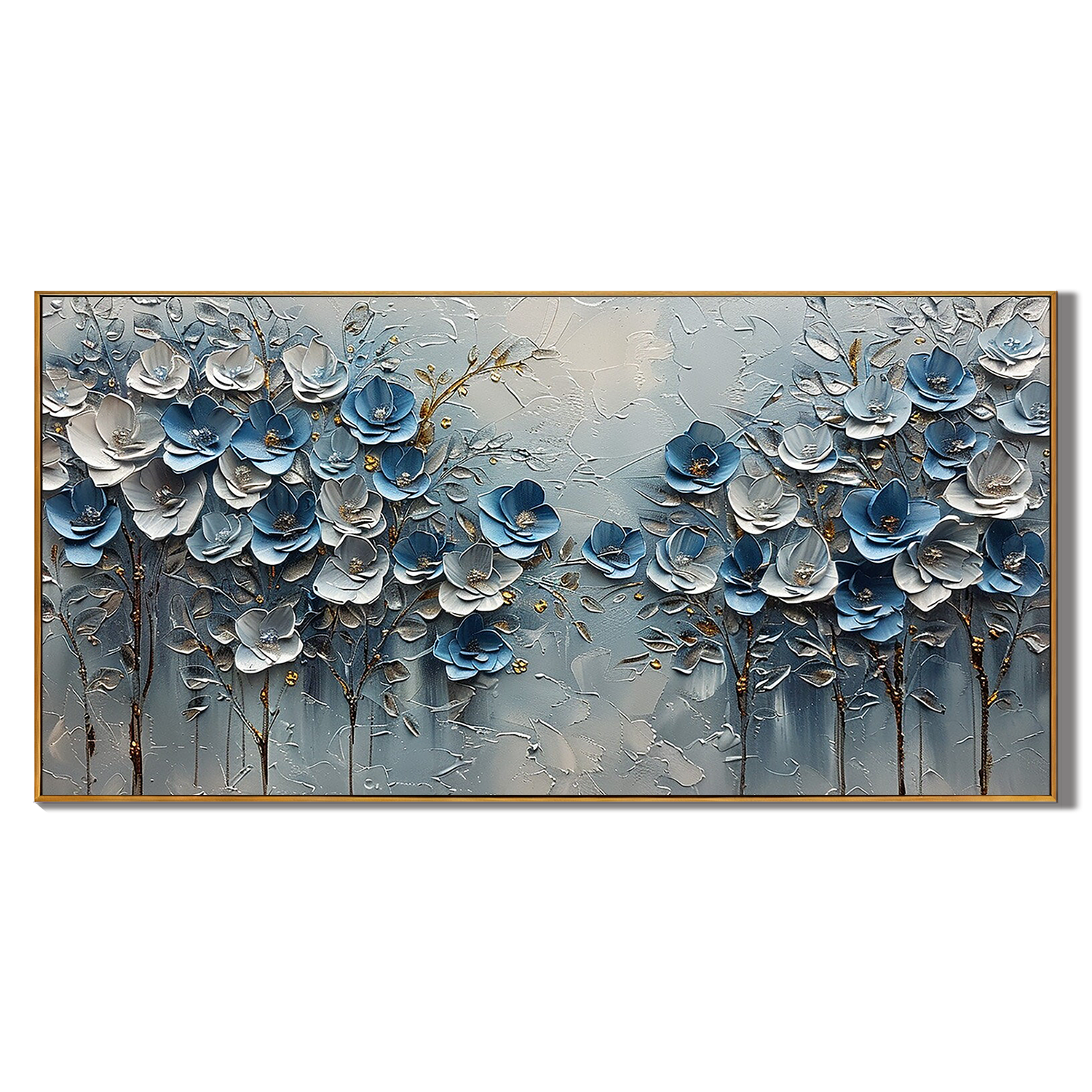 CERULEAN BLOOM: Floral Wall Art, Hand-Painted Blue and White 3D Textured Palette Knife Gallery Art