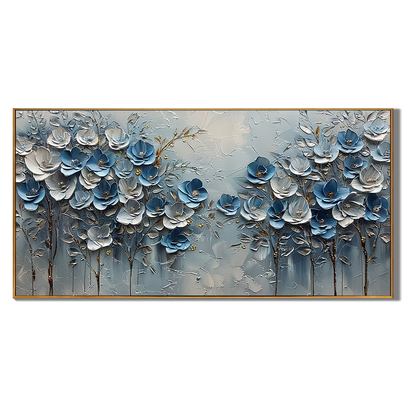 Cerulean Bloom – Hand-Painted Blue and White 3D Textured Palette Knife Floral Painting | Contemporary Botanical Bedroom & Living Room Art