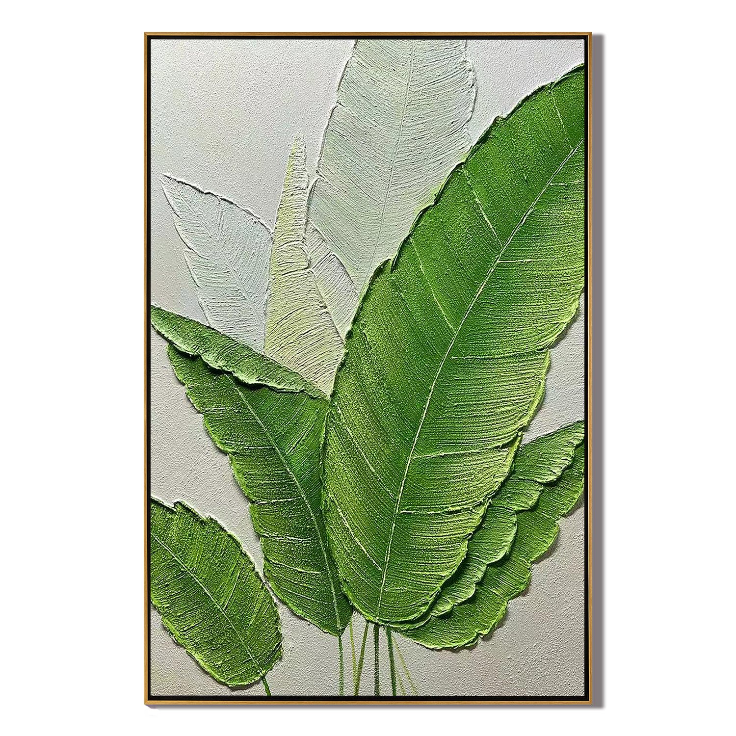 VERDANT LEAF: Floral Wall Art, Hand-Painted Fresh Green Banana Leaf Plaster Relief 3D Textured Gallery Art
