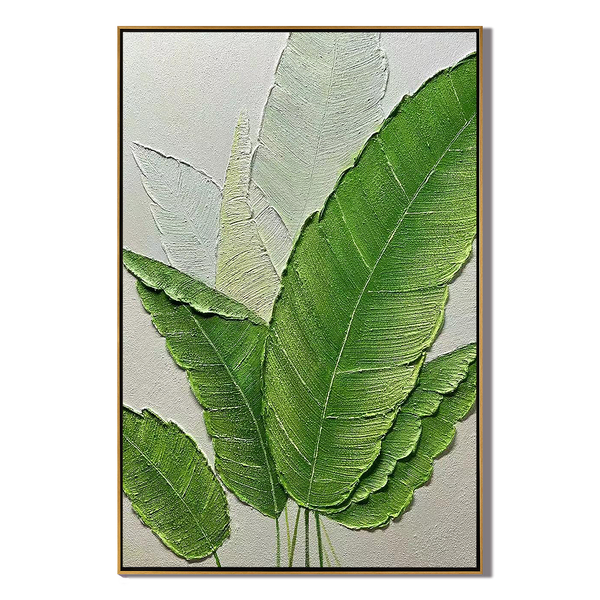 Verdant Leaf – Hand-Painted Fresh Green Banana Leaf Plaster Relief Floral Painting | Tropical Botanical Bedroom & Dining Room Art