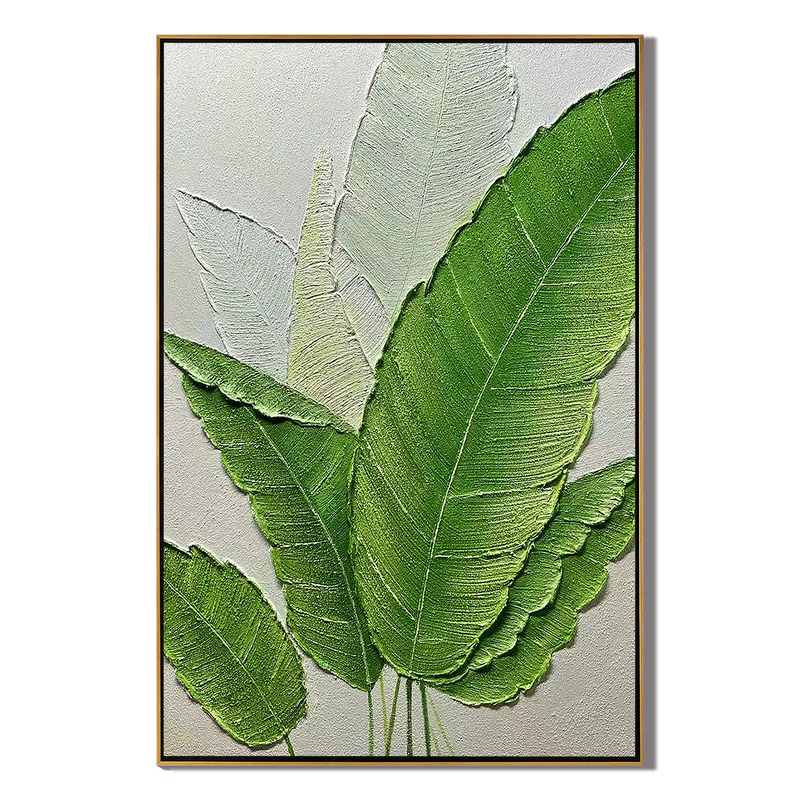 Verdant Leaf – Hand-Painted Fresh Green Banana Leaf Plaster Relief Floral Painting | Tropical Botanical Bedroom & Dining Room Art