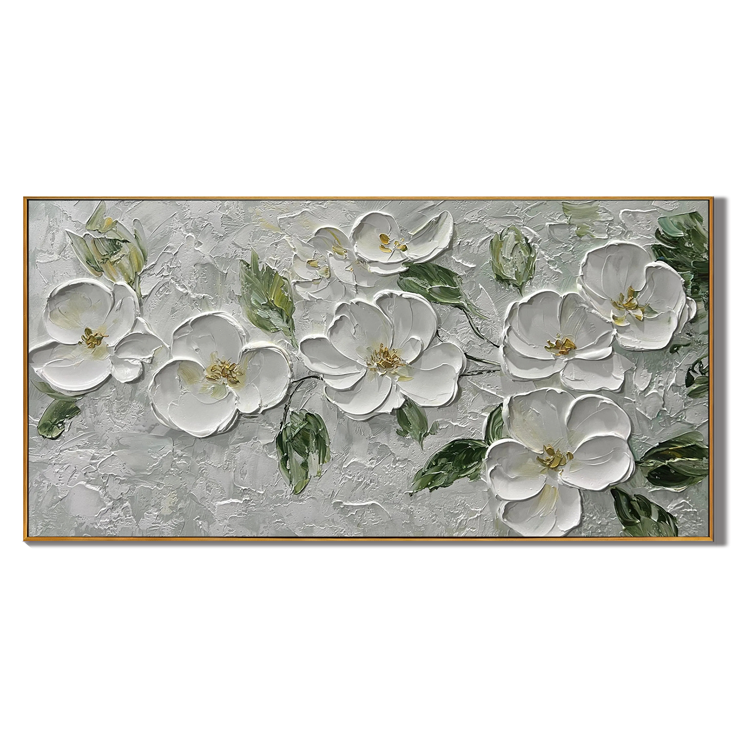 SILVER BLOOM: Floral Wall Art, Hand-Painted Horizontal Grey and White 3D Relief Plaster Effect Heavy Texture Studio Art