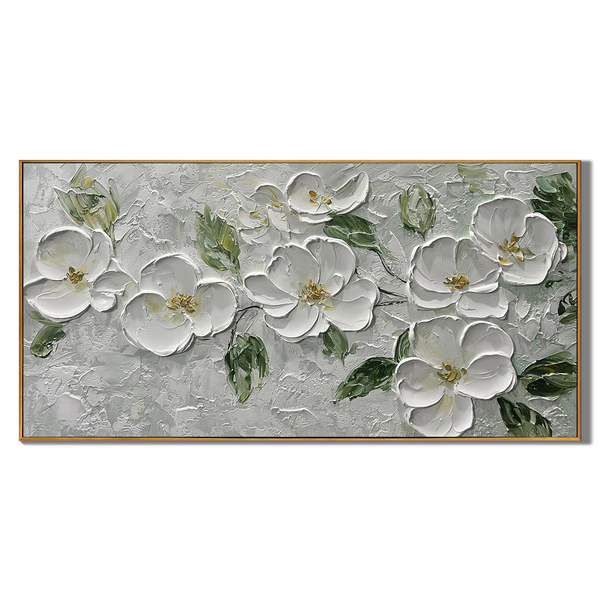 Silver Bloom – Hand-Painted Grey and White 3D Relief Plaster Effect Floral Painting | Contemporary Botanical Bedroom & Living Room Art