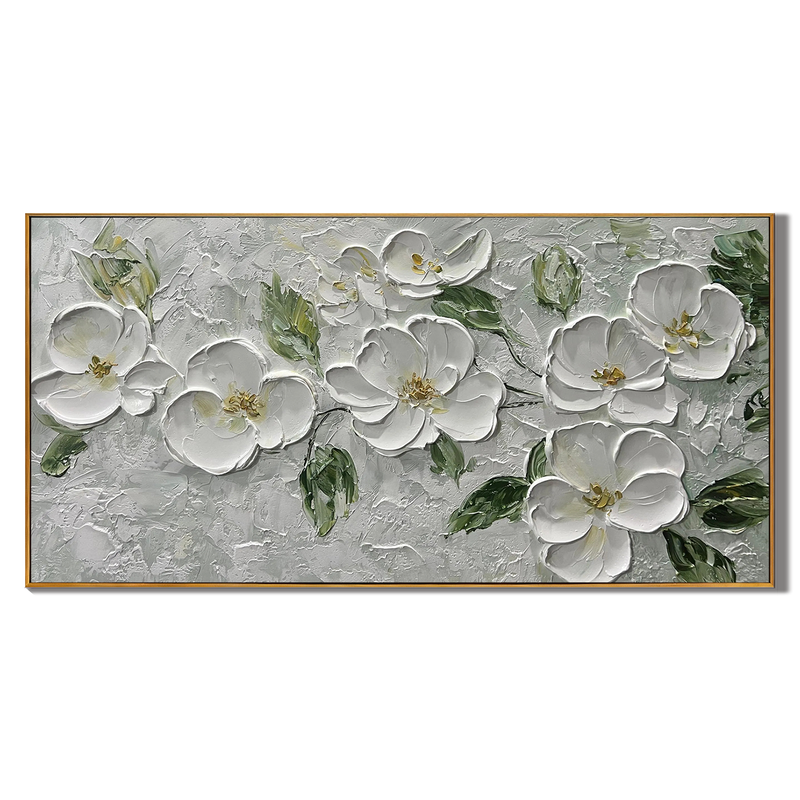 Silver Bloom – Hand-Painted Grey and White 3D Relief Plaster Effect Floral Painting | Contemporary Botanical Bedroom & Living Room Art
