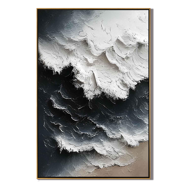 Arctic Surge – Hand-Painted Deep Navy and White Sea Foam 3D Nature Painting | Coastal Modern Living Room & Bedroom Art