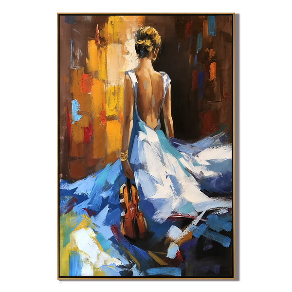 Azure Sonata – Elegant Lady in Blue Gown Impasto Painting | Contemporary Expressionist Living Room & Office Art