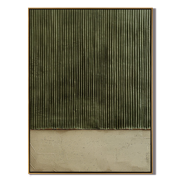 Vertical Zen – Hand-Painted Olive Green Fluted Texture Plaster Effect Abstract Wabi-Sabi Painting | Japandi Wabi-Sabi Living Room & Bedroom Art