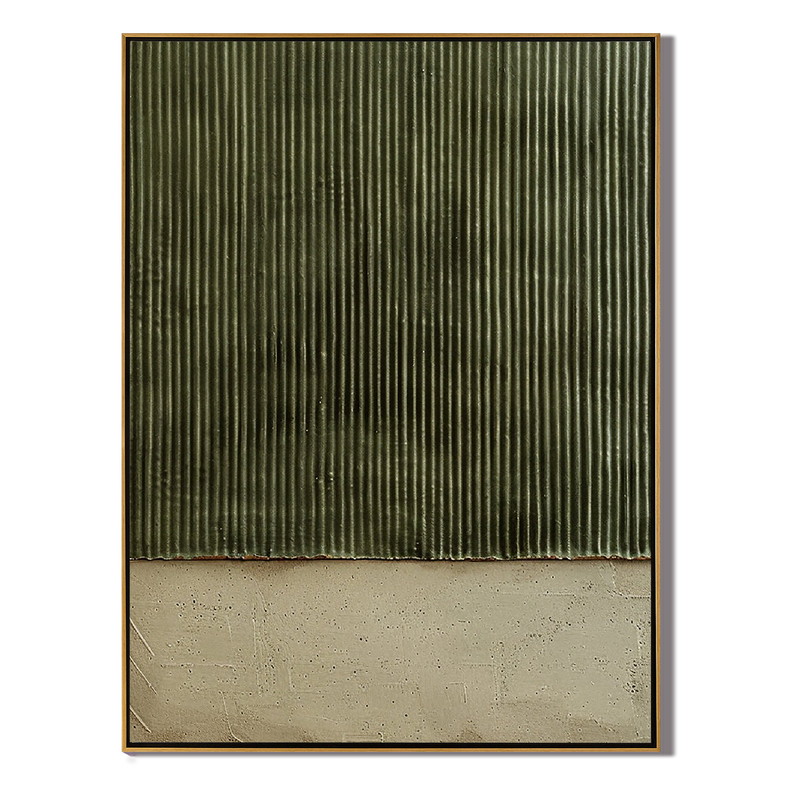 Vertical Zen – Hand-Painted Olive Green Fluted Texture Plaster Effect Abstract Wabi-Sabi Painting | Japandi Wabi-Sabi Living Room & Bedroom Art