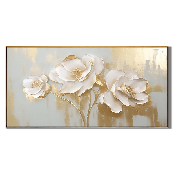 Golden Elegance – Hand-Painted Light Grey and Gold Foil 3D Relief Plaster Effect Floral Painting | Modern Luxury Botanical Bedroom & Living Room Art