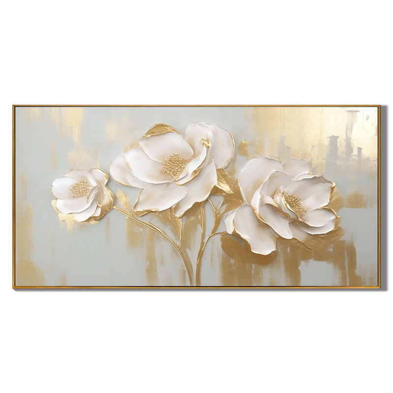 Golden Elegance – Hand-Painted Light Grey and Gold Foil 3D Relief Plaster Effect Floral Painting | Modern Luxury Botanical Bedroom & Living Room Art