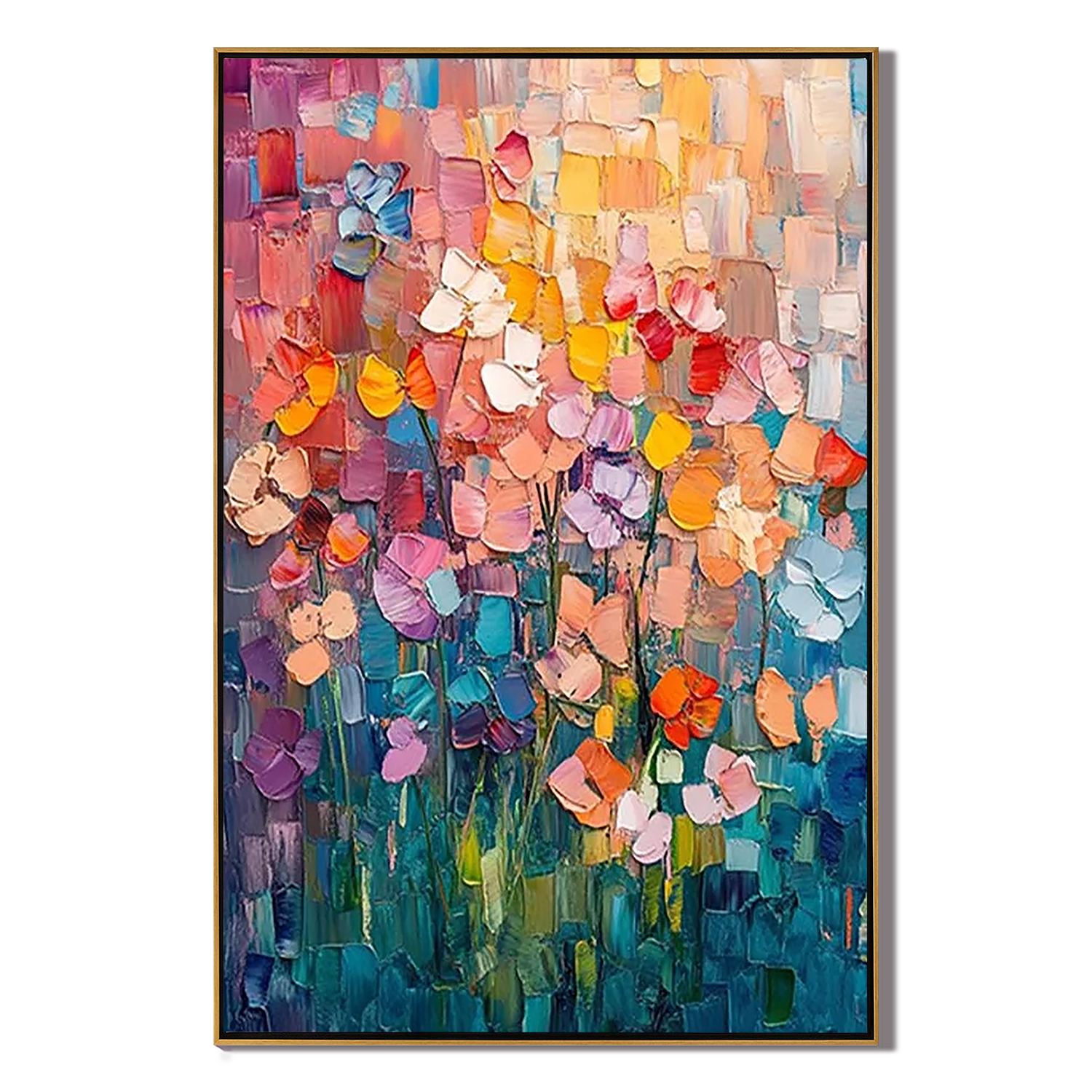 VIBRANT MEADOW: Floral Wall Art, Hand-Painted Multicolored Rainbow Palette Knife 3D Heavy Texture Canvas Painting