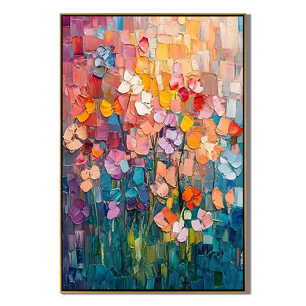 Vibrant Meadow – Hand-Painted Multicolored Rainbow Palette Knife Floral Painting | Vibrant Botanical Living Room & Dining Room Art