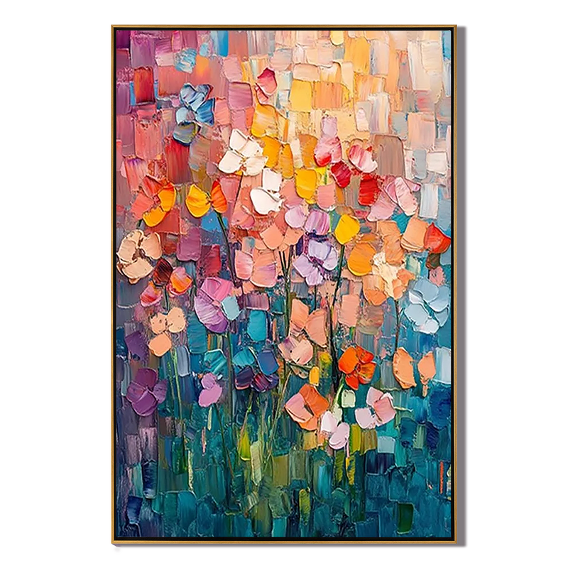 Vibrant Meadow – Hand-Painted Multicolored Rainbow Palette Knife Floral Painting | Vibrant Botanical Living Room & Dining Room Art