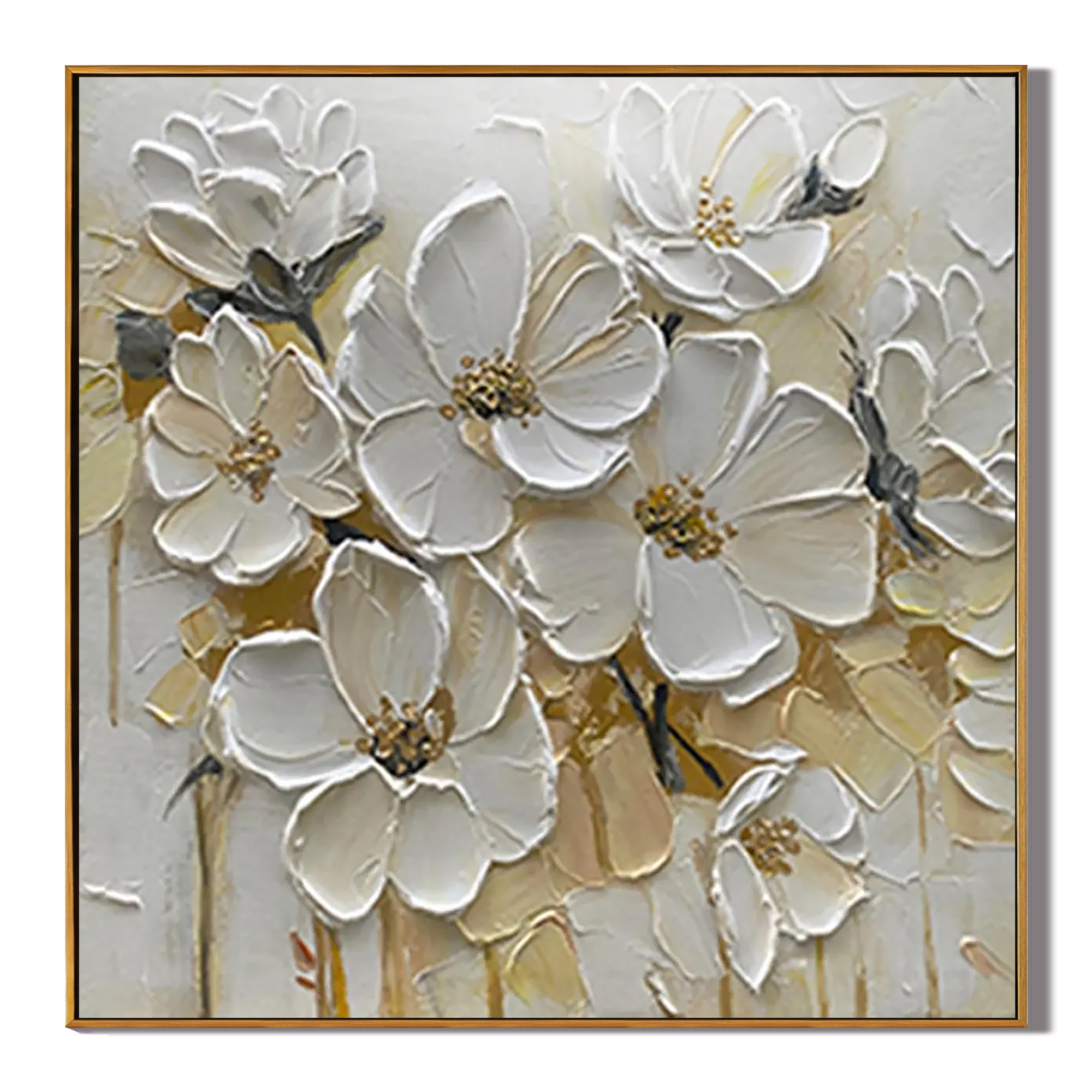 CREAMY BLOOM: Modern Square 3D Heavy Texture Flower Wall Art, White Petal Relief Painting