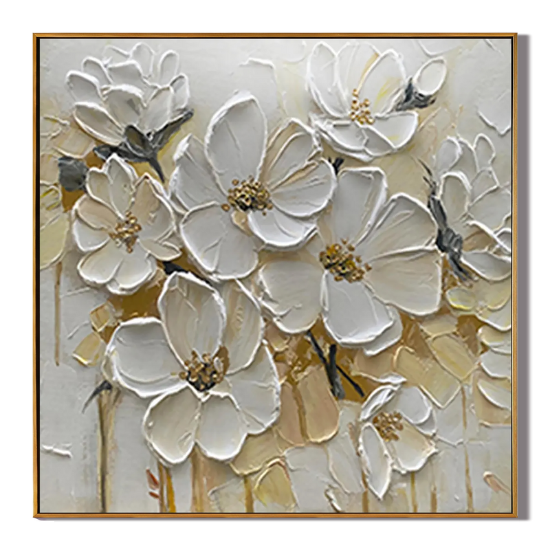 Creamy Bloom – White Petal Relief Floral Painting | Soft Organic Botanical Bedroom & Living Room Art