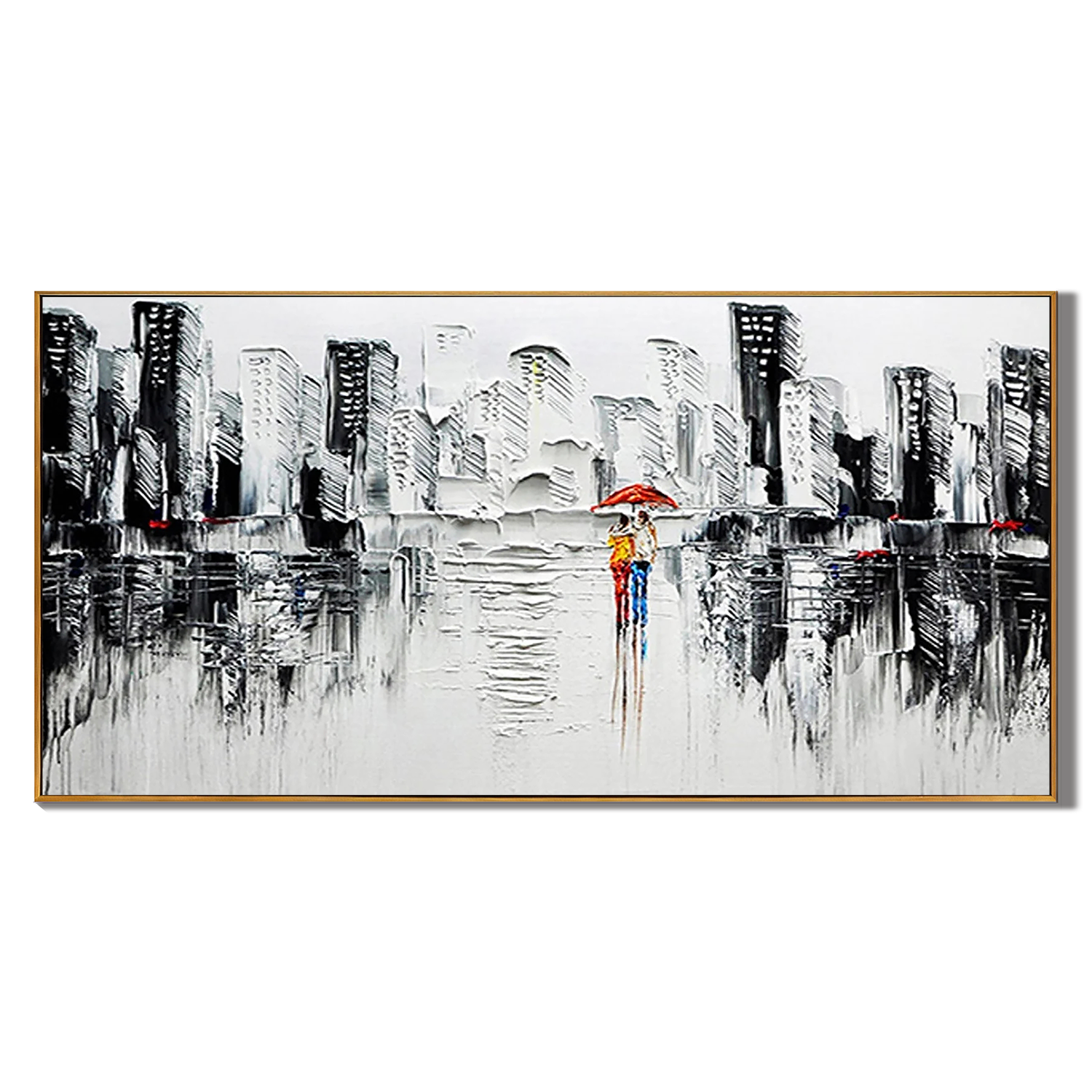 RAINY ROMANCE: Cityscape Wall Art, Hand-Painted Black and White Skyline Palette Knife Red Umbrella Textured Oil Painting