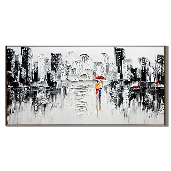 Rainy Romance – Hand-Painted Black and White Skyline Palette Knife Red Umbrella Textured Oil Cityscape Painting | Modern Noir Portrait Living Room & Hotel Art