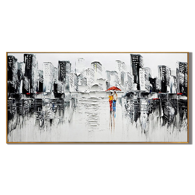 Rainy Romance – Hand-Painted Black and White Skyline Palette Knife Red Umbrella Textured Oil Cityscape Painting | Modern Noir Portrait Living Room & Hotel Art