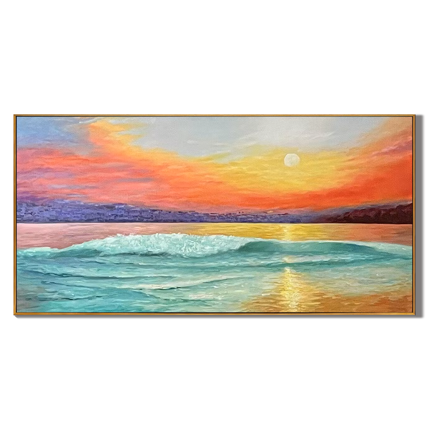 PACIFIC GLOW: Landscape Art, Hand-Painted Horizontal Sunset Ocean Wave 3D Heavy Texture Impasto Canvas Painting