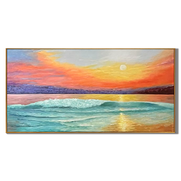 Pacific Glow – Hand-Painted Sunset Ocean Wave 3D Landscape Painting | Coastal Modern Living Room & Bedroom Art