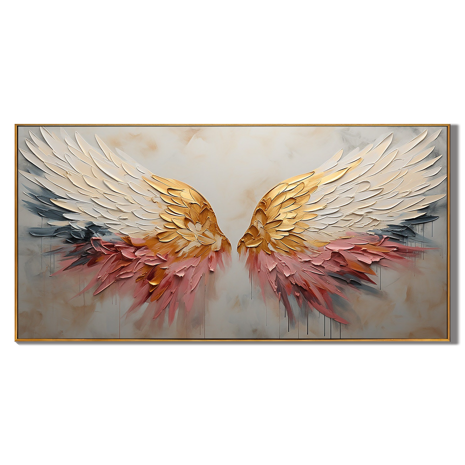 CELESTIAL WINGS: Panoramic 3D Heavy Texture Wing Wall Art, Gold Leaf Feather Relief