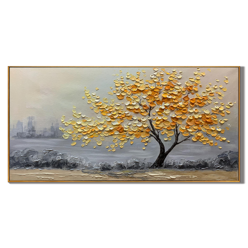 Golden Dawn – Yellow Blossom Relief on Grey Horizon Texture Painting | Modern Luxury Botanical Bedroom & Living Room Art